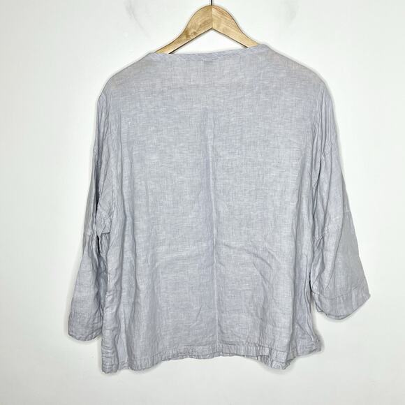 Poetry Embroidered Linen Top Womens Size 14 Gray Lagenlook Wearable Art Coastal - Picture 6 of 6